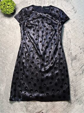 ✨Glam Holiday Party Sequin Dress Lauren Ralph Lauren size 6 Dark Navy Polka Dot